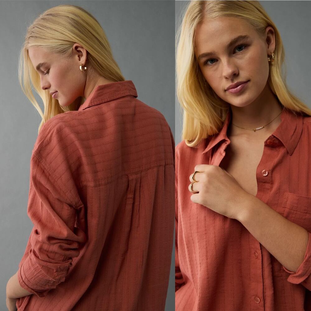 American Eagle Rust Orange Perfect Button-Up Shirt - image 2
